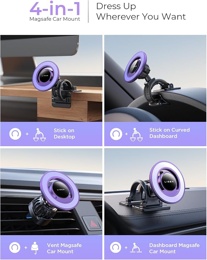 Fits MagSafe Car Mount Car Phone Holder,Strong Magnetic Phone Holder for Car Magsafe, Dashboard Vent iPhone 16 Car Mount Holder Car Accessories for iPhone 16 15 14 13 12 Pro Max,Purple Kits