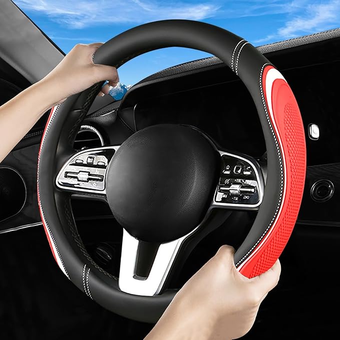 Leather Splicing Black Red White Car Steering Wheel Cover,14.5-15 Inch Universal Microfiber Leather Covers Breathable Anti-Slip Odorless Steering Wheels Accessories for Men Women