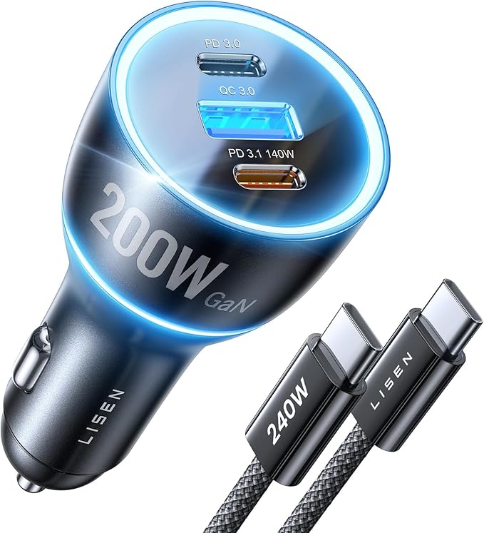 200W Car Charger USB C Fast Charge [GaN] PD 140W Fast Car Charger USB C, Cigarette Lighter Adapter for Multi Device, for iPhone 17 16 15 14 13 12, MacBook Pro, Laptop, iPad, Samsung S26 S25
