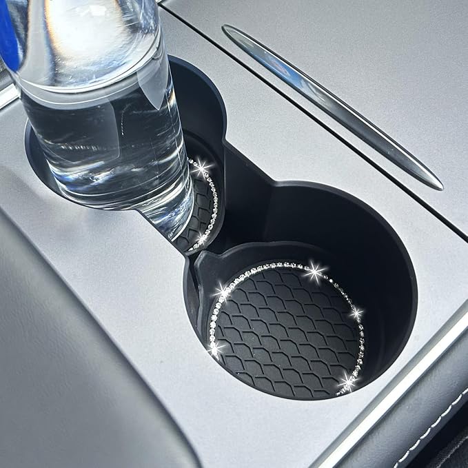 4PCS Bling Car Coasters, Non-Slip Insert Water Bottle Holder Pads, Bling Crystal Rhinestone Dustproof Automotive Interior Accessories, Universal for Vehicles, Trucks, RVs (4 pcs, Gray)