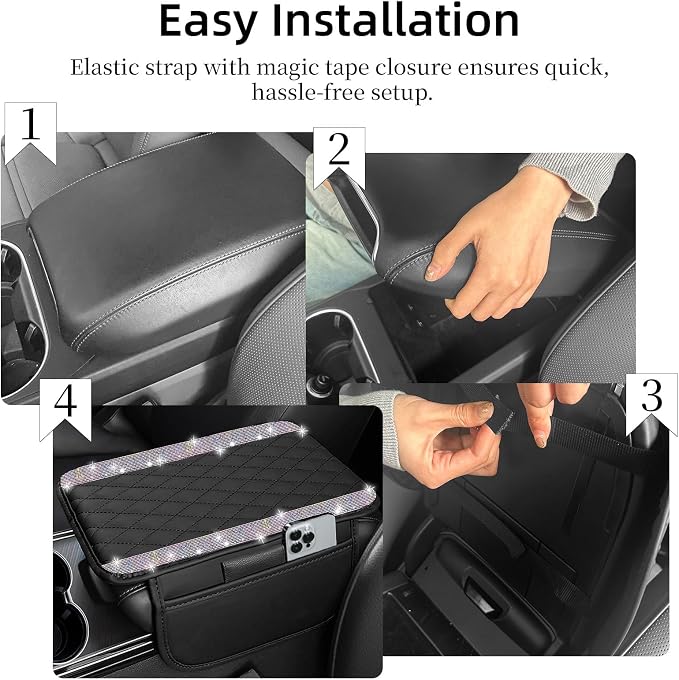 Bling Car Center Console Cover, Leather Car Arm Rest Cover Cushion with 2 Storage Bags, Universal Auto Armrest Protector Storage Box, Bling Accessories Interior for Most Vehicles (Multicolor)