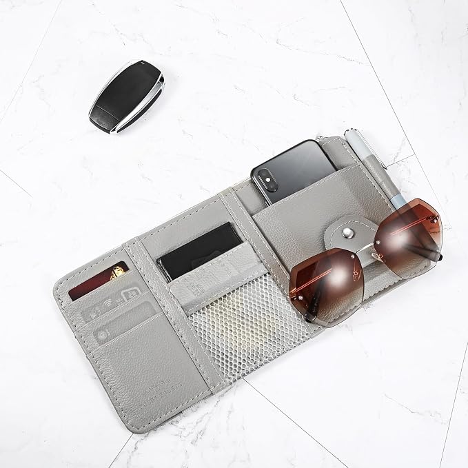 2 Packs Car Sun Visor Organizer, Sunglasses Holders for Car Sun Visor PU Auto Interior Accessories Storage Travel Document Holder with Multi Pocket (Gray, 12.2 x 6.1 Inches)