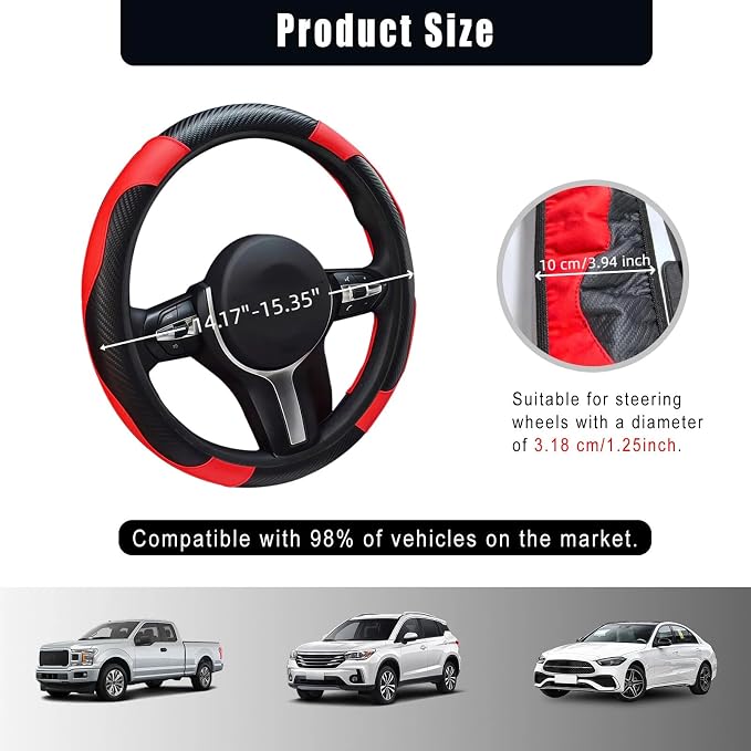 Leather Car Steering Wheel Cover, 15 Inch Anti-Slip Carbon Fiber Black Steering Wheel Cover, Universal Car Interior Accessories for Trucks Sedans SUVs (Black & Red)