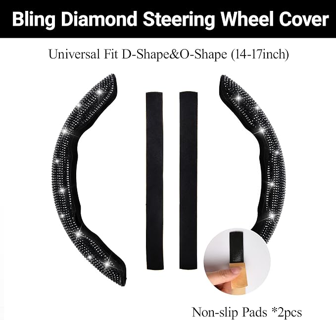 2PCS Bling Diamond Segmented Steering Wheel Cover with Crystal Rhinestones, Wheel Protector Non-Slip Cute Car Accessories Universal Fit D-Shape O-Shape 14.5" to 16" for Women, Black Diamond