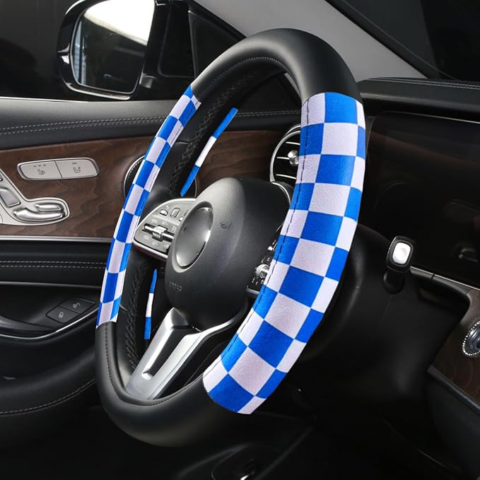 Lattice Car Steering Wheel Cover Microfiber Leather Non-Slip Comfort Universal 15 inch Checkered Plaid Wheel Protector for Truck, SUV, Cars (Black Blue)