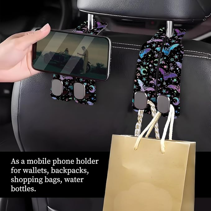 Car Seat Headrest Hook, Universal Leather Cute Hanger Holder Hook, Storage Organizer Interior Accessories for Purse Bags Handbag Purple Cute Bats