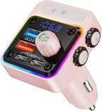54W Bluetooth 5.3 Car Adapter with 4 Charging Ports [PD 36W & QC3.0 18W], Wireless Radio FM Transmitter with Deep Bass Player & 5 Colors LED Backlit, Hands-Free Calling - Pink