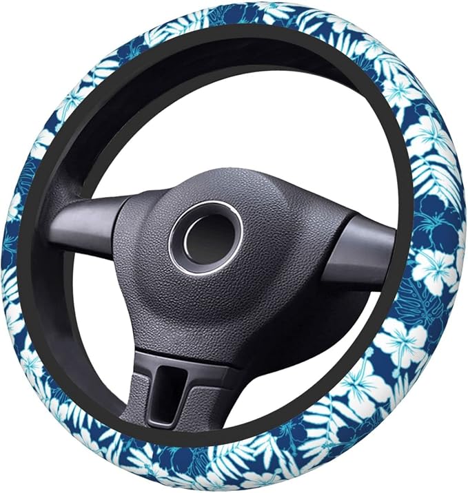 Hawaiian Hibiscus Flower Steering Wheel Cover Non-Slip Auto Steering Wheel Protector Car Accessories Universal Fit 15 Inches for Men Women