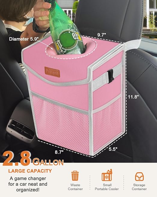 Car Trash Can with Lid, Cute Leakproof Car Trash Garbage Bag Hanging Vehicle Trash Bin Small Portable Automotive Garbage Cans Organizer for Back/Front Seat/Console(2.8 gal,Pink