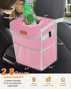Car Trash Can with Lid, Cute Leakproof Car Trash Garbage Bag Hanging Vehicle Trash Bin Small Portable Automotive Garbage Cans Organizer for Back/Front Seat/Console(2.8 gal,Pink