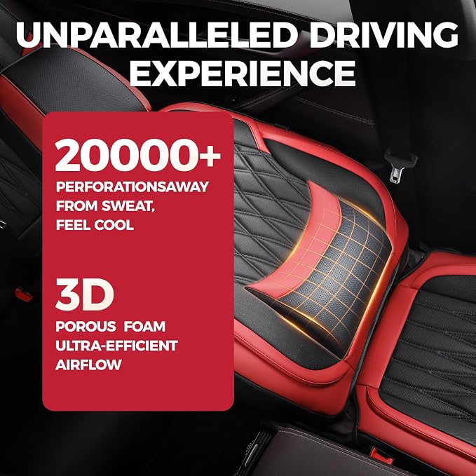 Black Red Car Seat Covers Full Set - Faux Nappa Leather Seat Covers for Cars, Breathable Waterproof Front Seats with Lumbar Support and Rear Seat Cover, Fit for Automotive Sedans SUVs Pickups