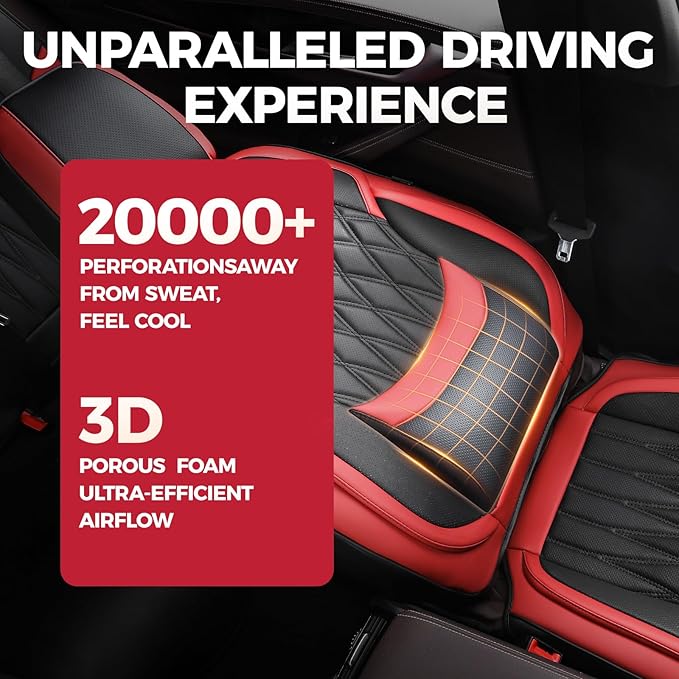 Front Seat Covers for Cars - Ultra Breathable Waterproof Faux Leather Car Seat Cover Protectors with Lumbar Support, Universal Fit for Most 5 Seats Vehicles Sedans Hatchbacks Pickup, Black Red