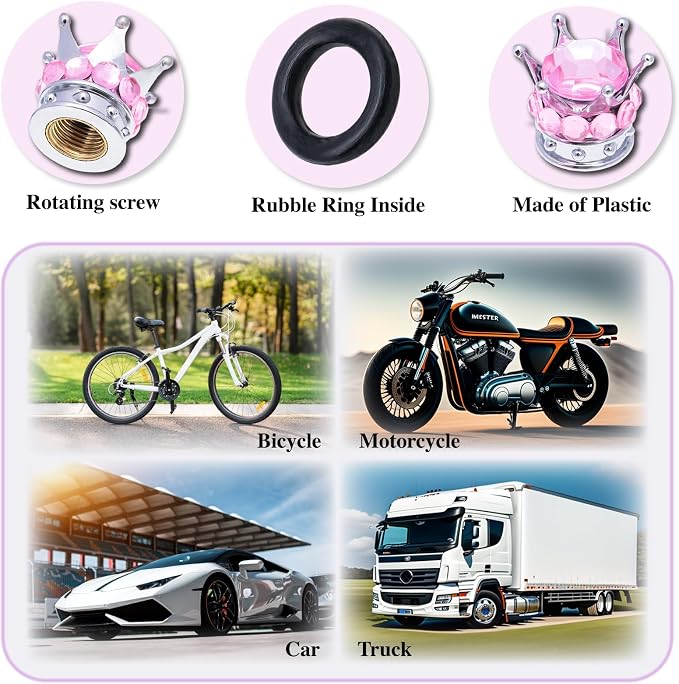 4PCS Crown Bling Tire Stem Valve Caps, Crystal Diamond Car Wheel Tire Valve Caps Universal Copper Core Stem Covers for Cars, SUV, Trucks, Bikes, Motorcycles, Bicycles (Silver & Pink)