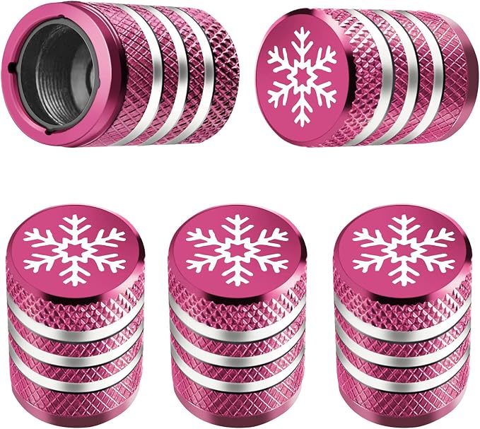Tire Valve Stem Cap Cover - (5 Pack) Tire Air Caps Metal with Plastic Liner Corrosion Resistant Leak-Proof Snow Snowflake for Car Motorcycle Bike Pink