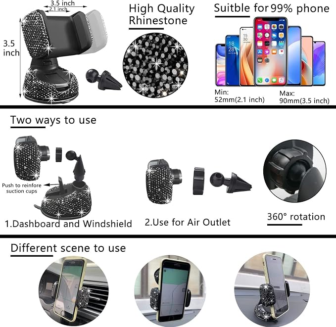 27 PCs Black Bling Car Accessories Set for Women, Steering Wheel Covers Universal Fit 15 Inch, Bling License Plate Frame, Bling Phone Holder, Bling Car Coasters (Black Diamond)