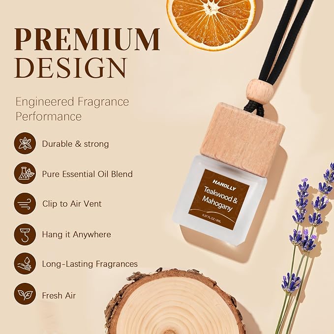 Car Air Freshener Hanging 2 Pack, Teakwood & Mahogany Essential Oil Diffuser for Car, Cute Air Fresheners, Long-Lasting Fragrance, Car Air Fresheners for Women & Men Gift