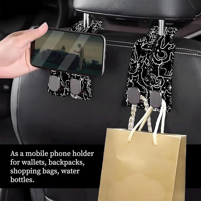 Car Seat Headrest Hook, Universal Leather Cute Hanger Holder Hook, Storage Organizer Interior Accessories for Purse Bags Handbag Black White Cats