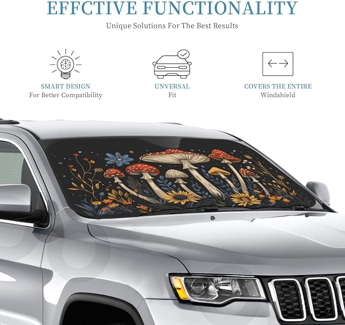 Windshield Sun Shade Boho Mushroom Flower Vintage Car Front Window Sunshade Cover for Truck SUV Blocks UV Rays Automotive Visor Interior Protector 55 x 30 inch