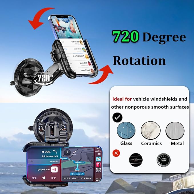 Car Phone Holder Mount with Vibration Dampener | [Camera Friendly] [1s Lock & Release] Twist-Lock Suction Cup Base for Vehicle Windshields, Fit 5.4''-7.2'' Smartphones