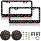 Cherry License Plate Frames，red Cherry Car Accessories for Women and Men ，Cute License Plate，Aluminum License Plate Frame Fits Standard US Vehicles Size 12.2 x 6 Inch (Black-Cherry)