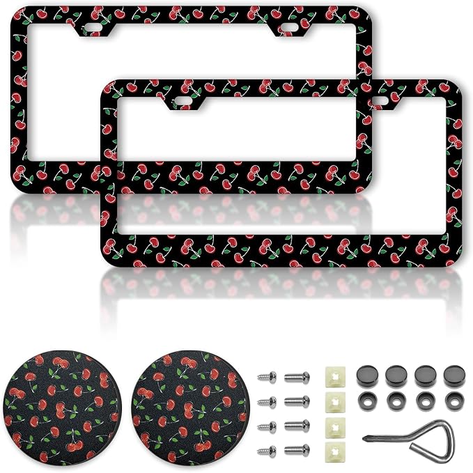 Cherry License Plate Frames，red Cherry Car Accessories for Women and Men ，Cute License Plate，Aluminum License Plate Frame Fits Standard US Vehicles Size 12.2 x 6 Inch (Black-Cherry)