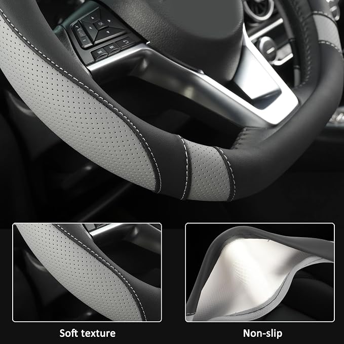 Flat Bottom Car Steering Wheel Cover for Nissan,D Shaped Steering Wheel Cover for Rogue,Altima,Kicks (Black+Gray-Standard Size)