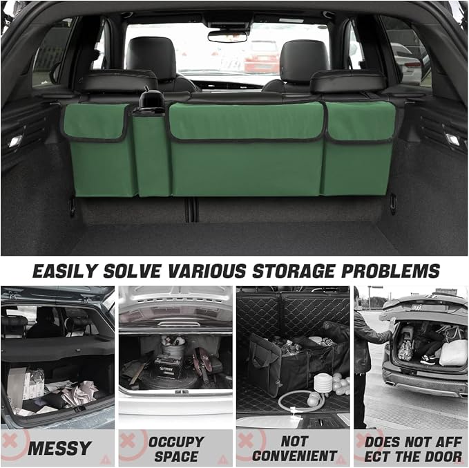 Car Trunk Organizer, Backseat Hanging Large Storage with Adjustable Straps, Waterproof Collapsible Cargo Bag with 4 Pockets, Sturdy Space Saver Frees Trunk Floor for SUV, Truck, MPV
