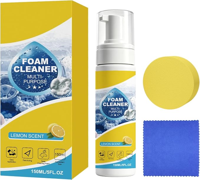 Car Interior Cleaner Foam Kit with Sponge & Towel, Multi Purpose Foam Cleaner for Leather, Fabric, Plastic & Upholstery, Deep Cleaning Car Dashboard Seats Carpet Headliner, Lemon Fresh Scent