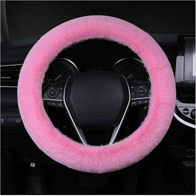 Fuzzy Steering Wheel Cover, 15 inch Soft Wool Fur Steering Wheel Protector, Fluffy Wheel Covers for Winter Warm, Car Interior Decoration Accessories for Women Men (Pink)