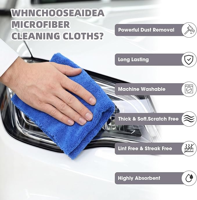20 Pcs 16 x 16 Inch Edgeless Microfiber Plush Towels for Cars Detailing Drying Wash Polishing Absorbent Cleaning Cloths, 500 GSM (Blue, Black, Gray)