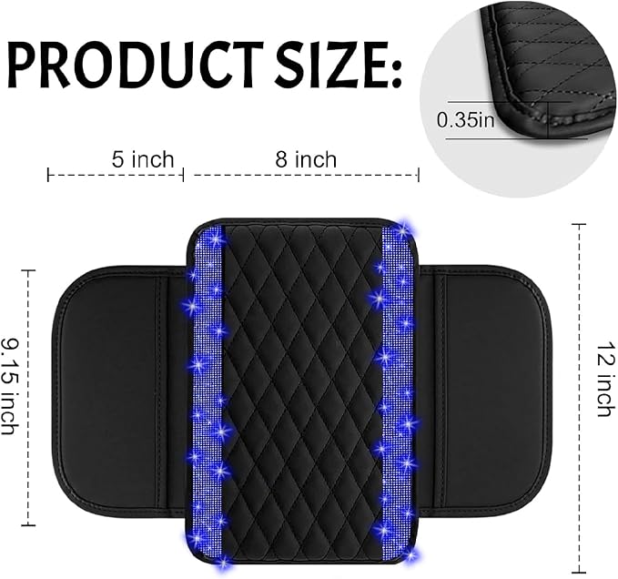 Bling Car Center Console Cover, Leather Car Arm Rest Cover Cushion with 2 Storage Bags, Universal Automotive Armrest Protector Storage Box, Bling Accessories Interior for Most Vehicles (Blue)