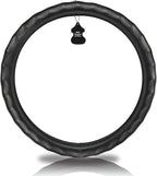 Haokay Heavy Duty Pure Cowhide Steering Wheel Cover, Black Genuine Leather Steering Wheel Cover Men Women Comfort Finger Grips Universal 14.5 to 15 Inch