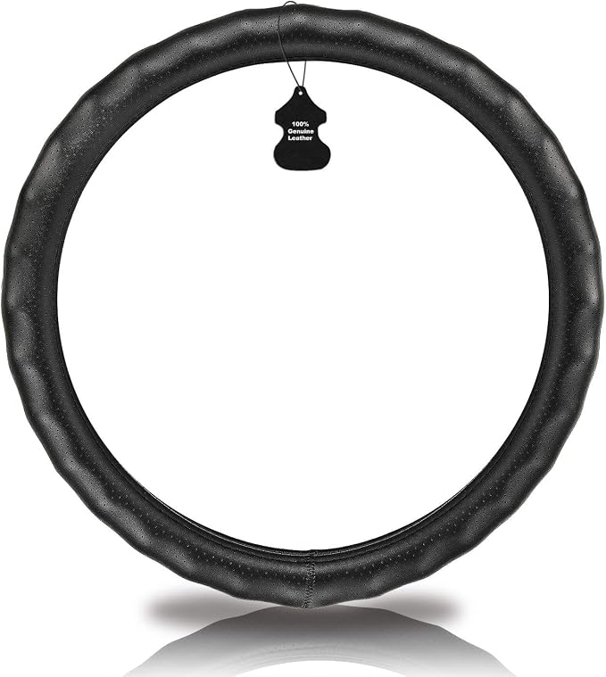 Haokay Heavy Duty Pure Cowhide Steering Wheel Cover, Black Genuine Leather Steering Wheel Cover Men Women Comfort Finger Grips Universal 14.5 to 15 Inch