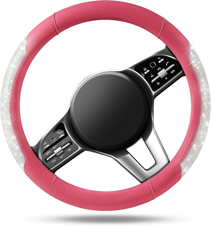 Steering Wheel Cover, Sparkly Crystal Bling Glitter with Hot Pink Leather, Universal Fit 14.5"-15.5" Car Steering Wheels for Girls & Women, Breathable Anti-Slip Steering Wheels Cover