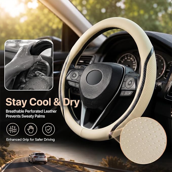 Beige Steering Wheel Cover with Coasters Leather Universal 15 inch | Carbon Fiber Car Steering Wheel Covers Microfiber Breathable Anti-Slip Durable Steering Wheel Accessories Set