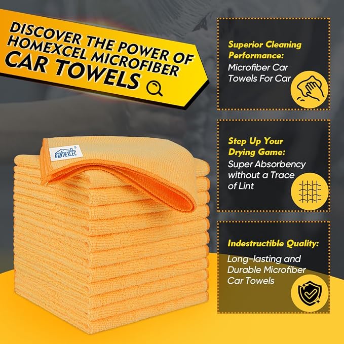 Yellow Microfiber Cleaning Cloths 12 Pack, 12.5 x 12.5 inch Microfiber Towel for Cars, Ultra Absorbent Car Washing Cloth, Lint Free Streak Free Cleaning Rags for Car, Kitchen, and Window