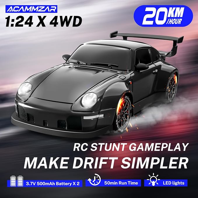 RC Drift Car, 1:24 Remote Control Car for Kids, 20KM/H 4WD High Speed RC Cars with Lights, Extra Racing Tires, Vehicle for Adults Boys Girls, Black