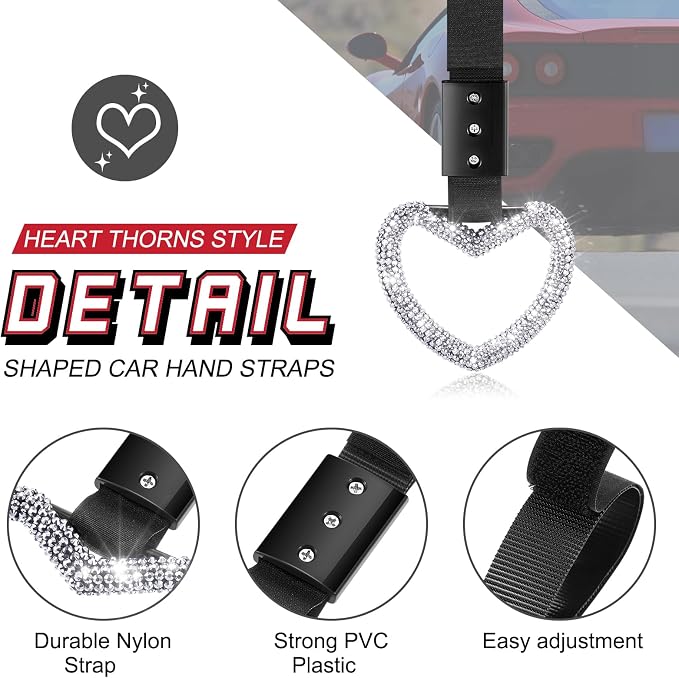 Bling Car Accessories Bling Heart Handle Ring Car Accessory for Women Heart Hand Strap Drift Charm Rear Bumper Warning Ring Decor for auto Bus Interior Exterior Decoration (White,Heart Style)