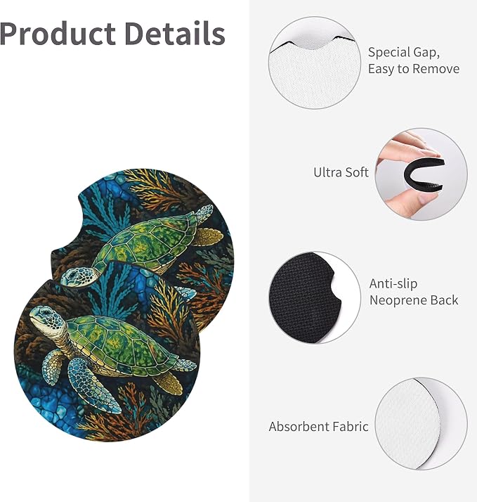 Sea Turtle 3-Pc Car Set : Steering Wheel Cover + 2 Cup Coasters | neoprene Non-Slip, Breathable Elasticity Universal Fit 14.5-15.6 Inch for Cars/Trucks/SUV - Car Interior Decoration