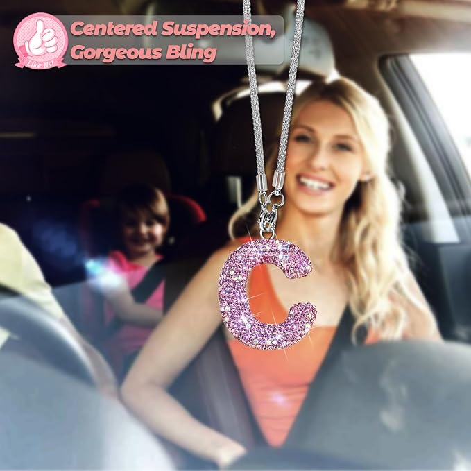 Bling Pink Car Accessories for Women Letter Charm, Rainbow Color Rear View Mirror Cute Crystal Pendant Car Decorations, Lucky Gifts Girly Diamond Rhinestone Charm Interior C