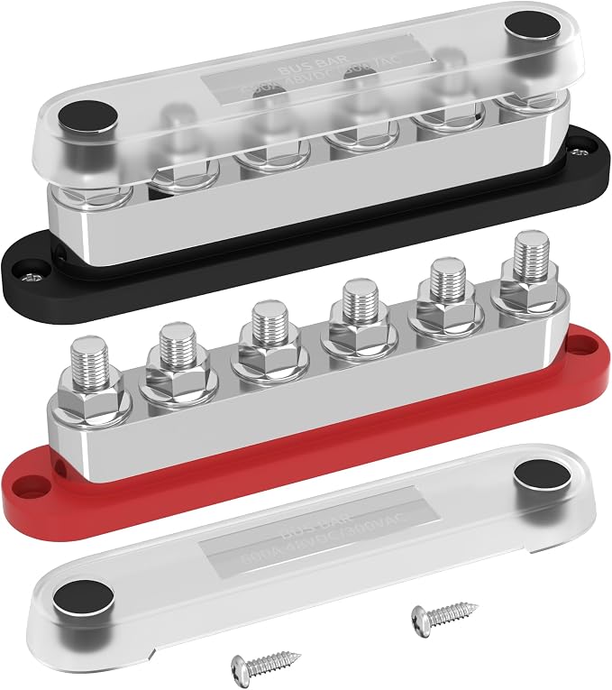 600A Power Distribution Block 12V Bus Bar Terminal Block 6 x 3/8" Terminal Studs 12 Volt Marine Bus Bar with Cover Positive & Negative for Automotive Car Boat Solar System