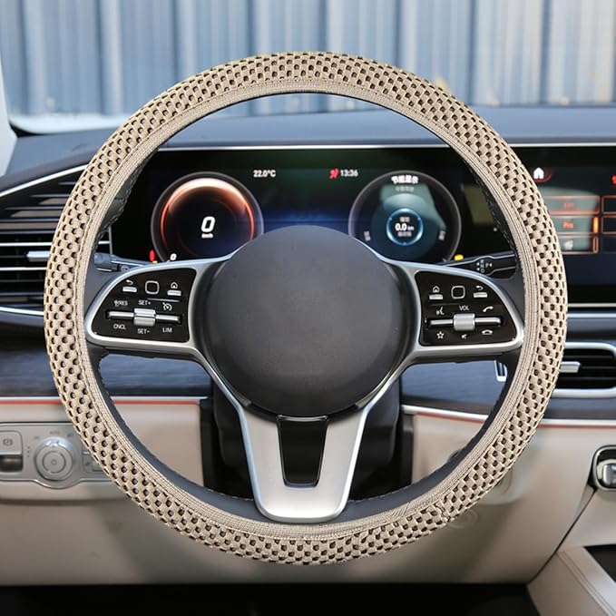 Elastic Stretch Steering Wheel Cover, Anti-Slip, 15inch, Beige | Microfiber Odorless Breathable Ice Silk Car Steering Wheel Protector, Easy Carry, Warm in Winter & Cool in Summer