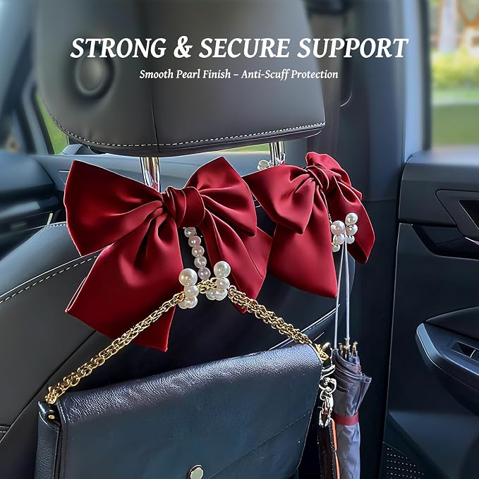 2 PCS Bow Pearl Car Seat Headrest Hook – Cute Purse Hook for Car, Girly Interior Decoration Accessories Hook Hanger, Seatback Holder for Purses & Bags, Elegant Car Organizer (Red)