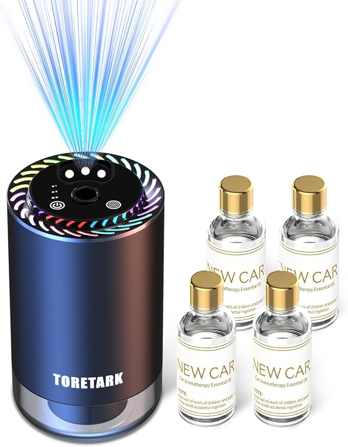 Smart Car Air Freshener with Star Light & 200ml Diffusers Oil Refills, Auto On/Off Aroma Diffuser, 3 Adjustable Mist Modes Rechargeable Aromatizante para Carro - Car Diffuser (New Car Smell*4)