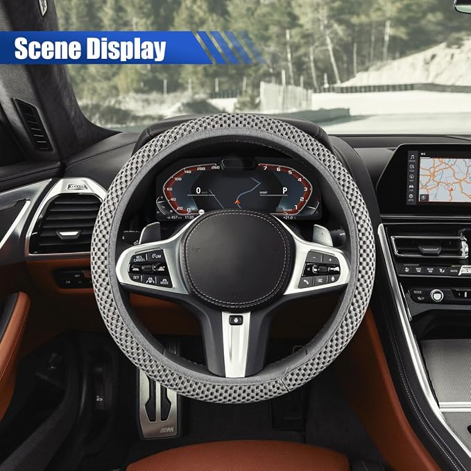 Elastic Stretch Steering Wheel Cover, 15" Breathable Microfiber Ice Silk Steering Wheel Protector, Universal Anti-Slip Car Warm in Winter&Cool in Summer Accessories for Men Women (Gray)