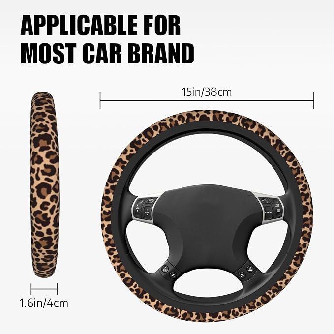 Leopard Steering Wheel Cover, Cheetah Universal Car Steering Wheel Covers for Women & Men, 15 Inch Anti-Slip Neoprene Stretchy Car Accessories Case for Vehicle Truck SUV