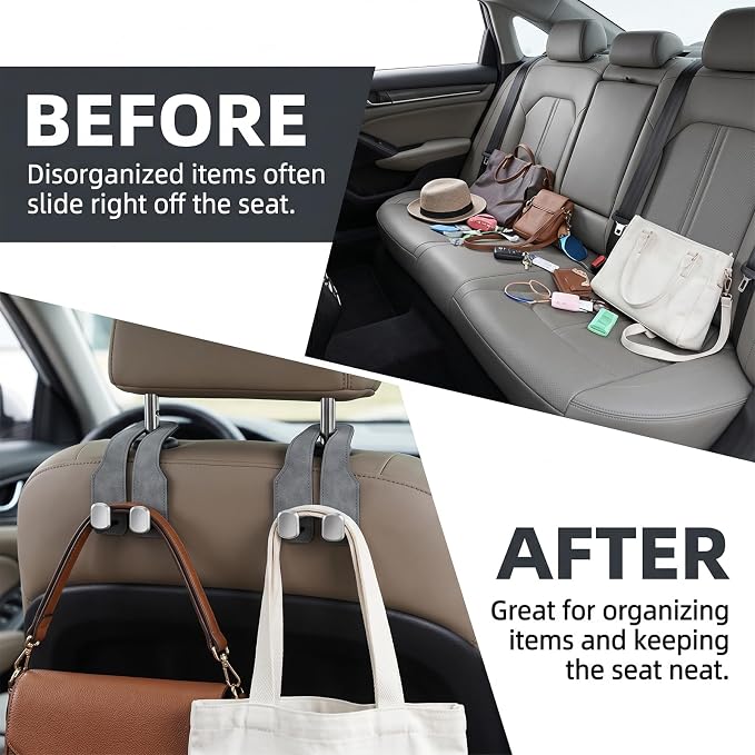 Car Seat Headrest Storage Hooks - 2 Pack Dual Hangers Design Organization Accessories, Car Interior Gadgets to Add Extra Holder and Hook for Purses,Bags,Coat and Handbag