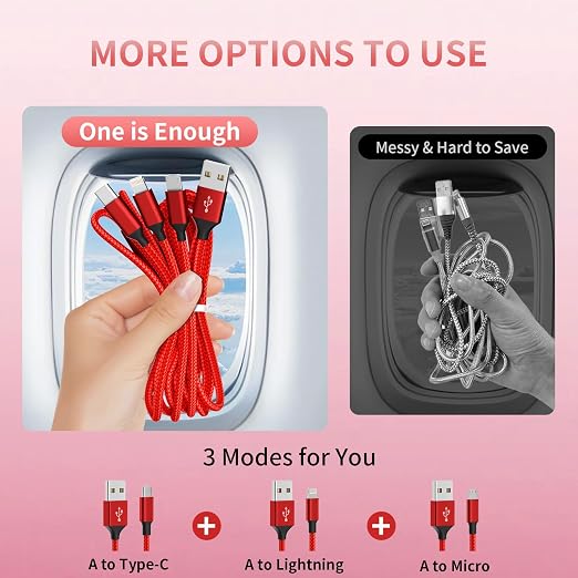 Multi Charging Cable, (2 Pack 4FT) Multi USB Charger Cable 3 in 1 Charging Nylon Braided Multi Charging Cord with Type-C, Micro USB, IP Port for Most Phones/iPhones/Tablets, Red