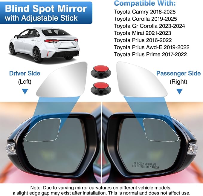 Blind Spot Mirror Compatible with Toyota Camry 2018-2025 Corolla 2019-2025 Prius 2016-2022, Custom Fitted Convex Stick On Rear View Mirror for Side Mirror Extended View, 2 Pack (Left & Right)
