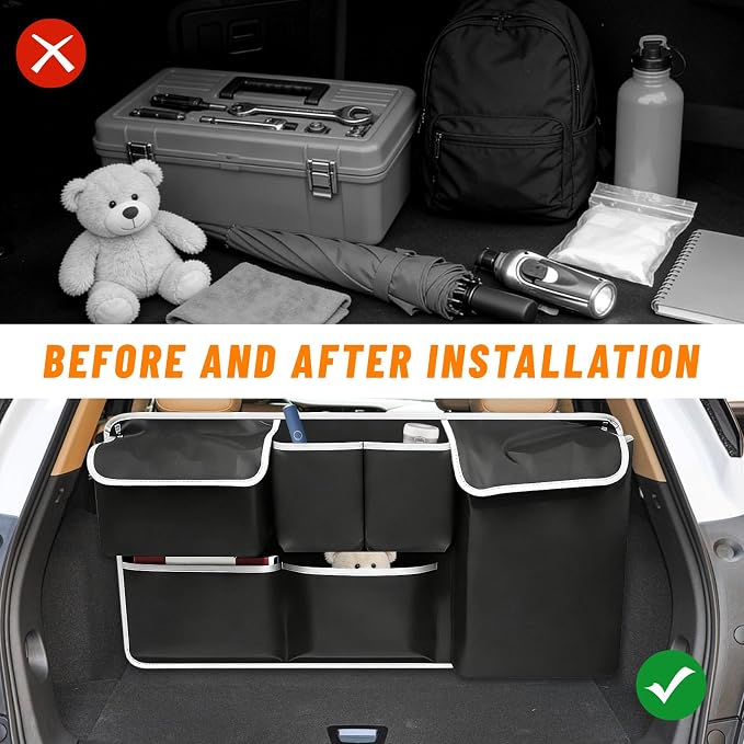 Car Trunk Hanging Organizer, Collapsible Backseat Storage Bag with 6 Fabric Pockets & Adjustable Straps, Multi-Functional Oxford Cloth Trunk Organizer for Cars Trucks SUVs